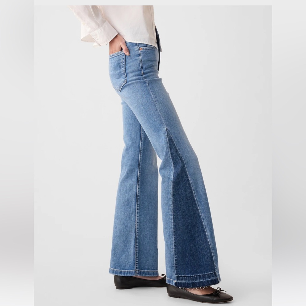 GAP 70s flare high rise patched jeans medium indigo size 32 petite 14P SOLD OUT!